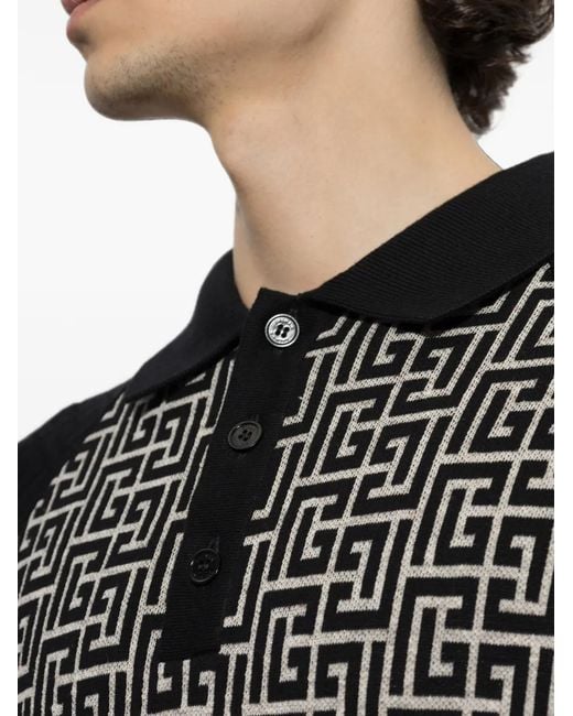 Balmain Black Monogram-Pattern Raglan-Sleeve Polo Shirt for men
