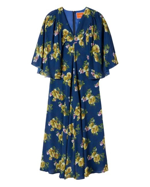 LaDoubleJ Blue Floral-Print Cape-Sleeve Maxi Dress