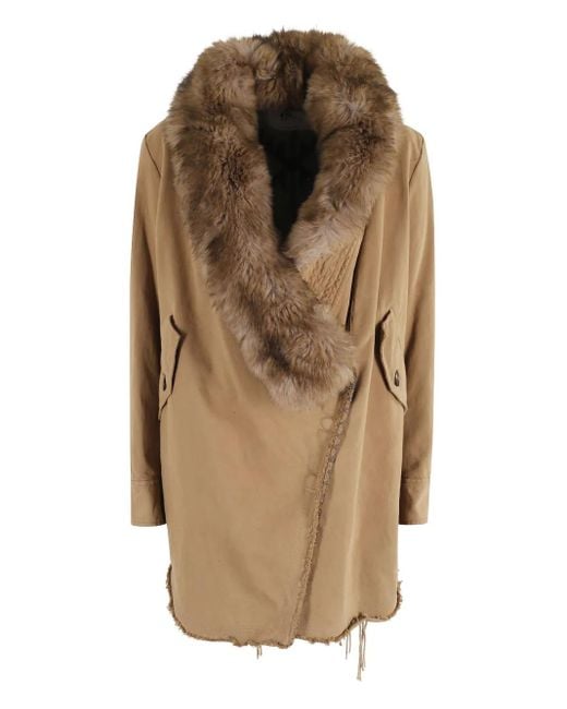 Bazar Deluxe Natural Faux-Fur Collar Frayed-Edge Coat