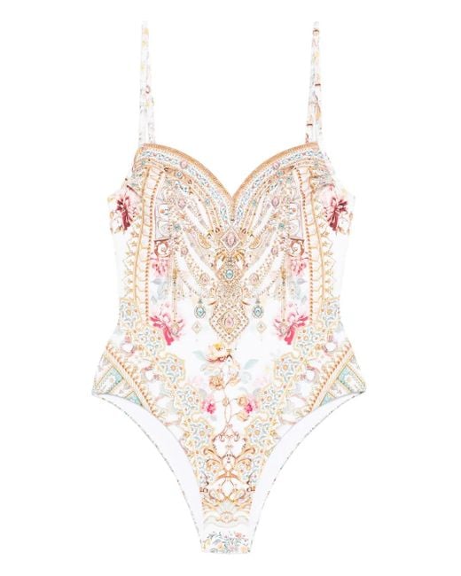Camilla White Sweetheart-Neck Embellished Swimsuit