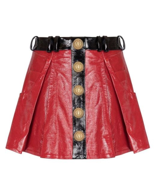 Balmain Red Pleated Patent Leather Miniskirt