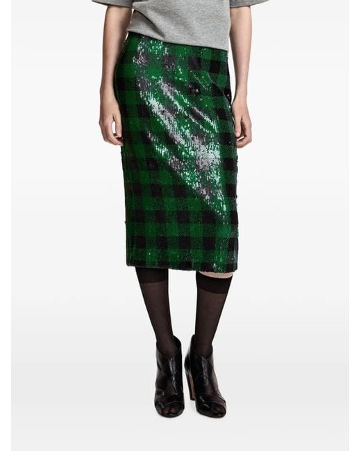 Essentiel Antwerp Green Sequin-Embellished Checked Midi Skirt