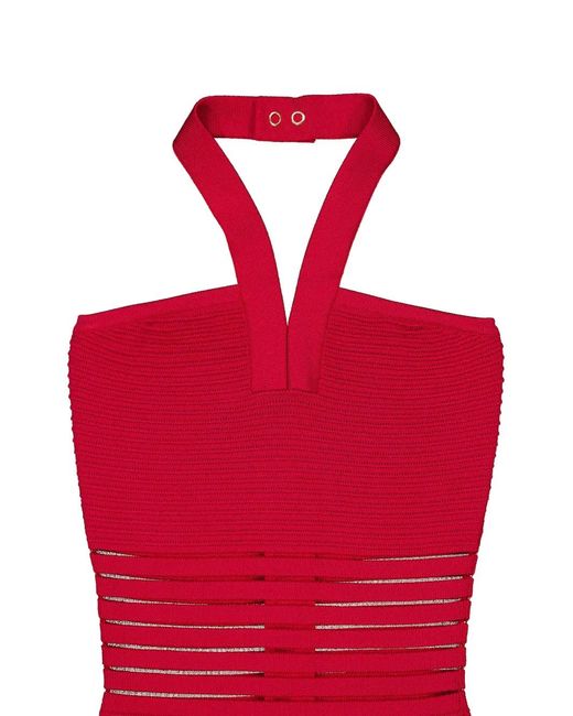 Balmain Red Halterneck Openwork-Panel Maxi Dress