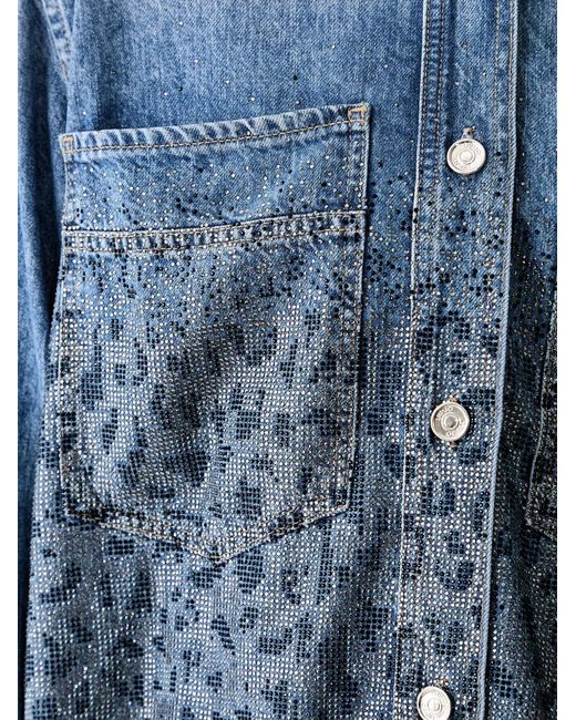 Liu Jo Blue Rhinestone-Embellished Leopard-Print Shirt
