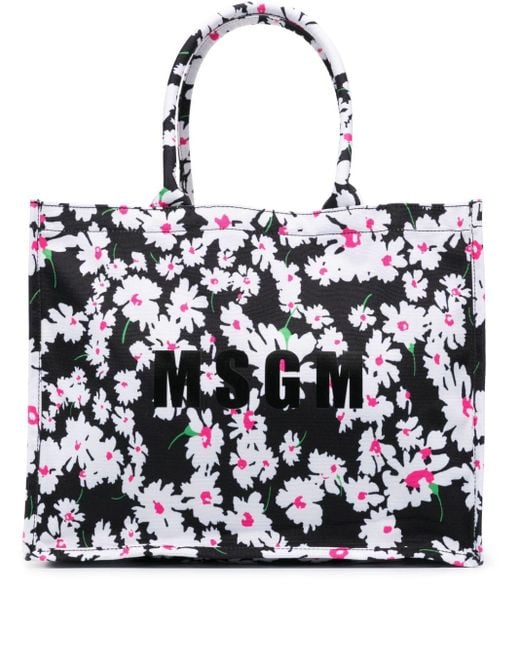 MSGM Black Floral-print Tote Bag