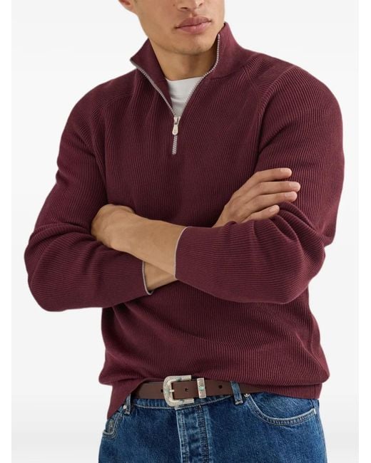 Brunello Cucinelli Purple Cotton English Rib Sweater With Half-Zip And Raglan Sleeves for men