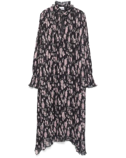 Ganni White Georgette-Kleid Mit Blumen-Print