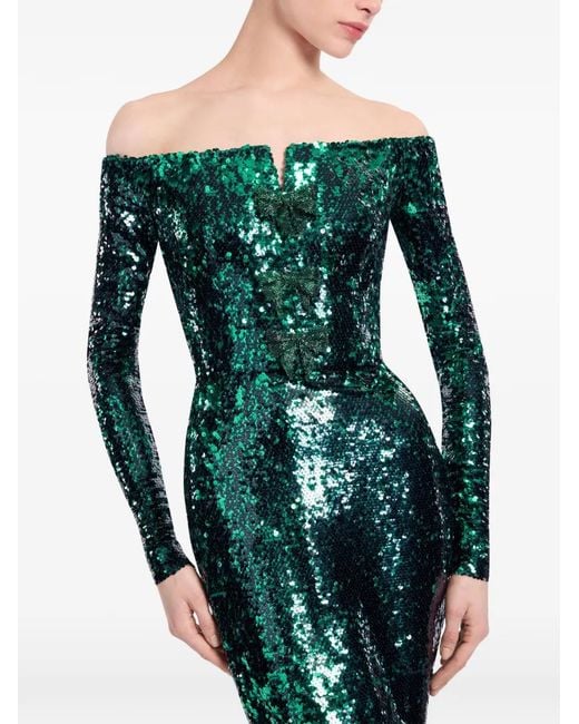 Elie Saab Green Embellished Off-The-Shoulder Maxi Dress