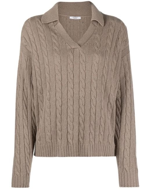 Peserico Brown Cable-Knit Wool-Blend Polo Jumper