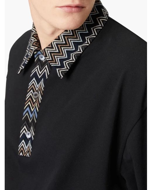 Missoni Black Chevron Knit-Insert Cotton Polo Shirt for men