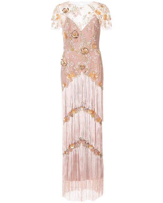 Marchesa notte Pink Fringed Embroidered Maxi Dress