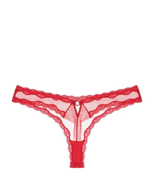 Fleur du Mal Red Floral-Lace Sheer Tulle Thong