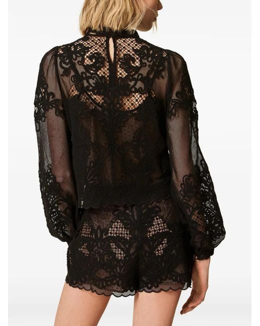 Twinset Black Mesh Shorts With Embroidery