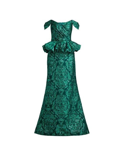 Tadashi Shoji Green Corliss Peplum Damask-Pattern Maxi Dress