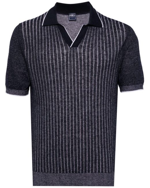 Fedeli Blue Spread-collar Ribbed Polo Shirt for men