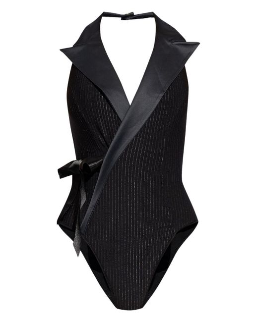 Balmain Black Lapel Detail Metallic Thread Swimsuit