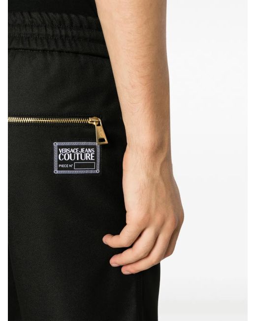 Versace Jeans Couture Black Logo-Patch Drawstring Straight-Leg Trousers for men
