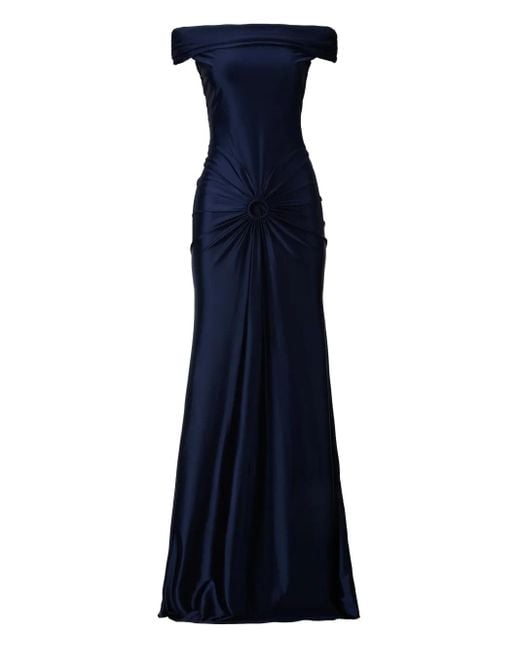 MOOS STUDIO Blue Off-Shoulder Draped Gown