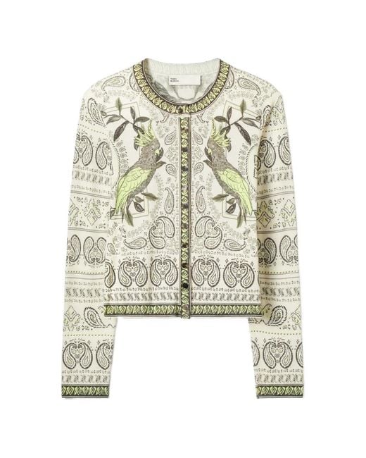 Tory Burch White Printed Wool Cardigan