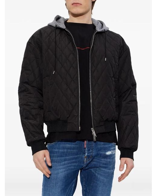 DSquared² Black Hooded Quilted Bomber Jacket for men