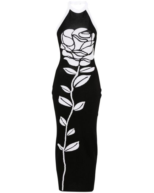 Balmain Black Langes Jacquard-Kleid mit Blumenmuster