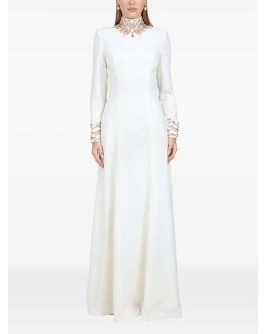 Dina Melwani White Embellished High-Neck Crepe Gown Maxi Dress