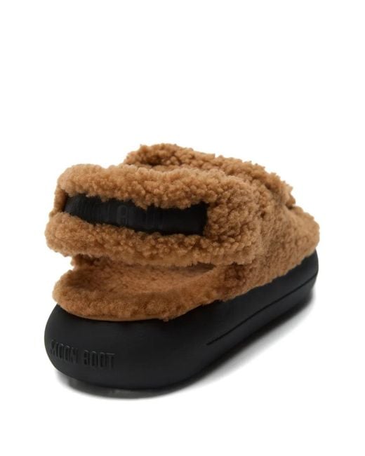 Moon Boot Brown Cognac-Colored Shearling Double-Strap Sandals With Rubber Sole