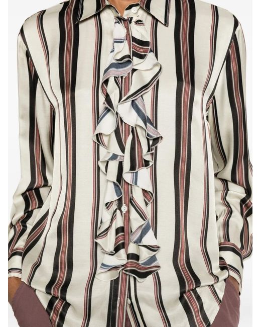 Diega White Ruffled-Detail Striped-Pattern Shirt
