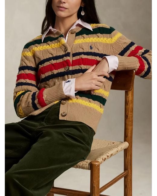 Polo Ralph Lauren Orange Cable-Knit Striped-Pattern Cardigan