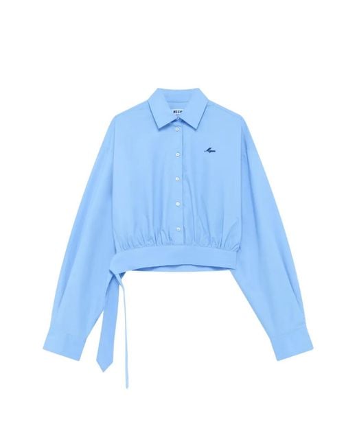 MSGM Blue Cropped Tie-Fastening Shirt