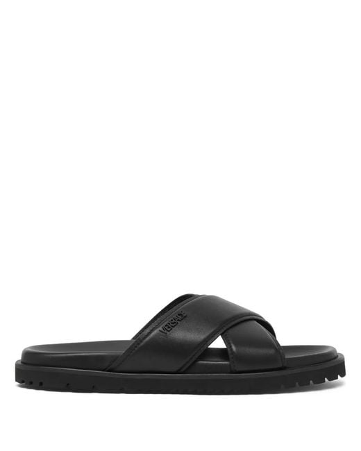 Versace Black Crossover Leather Slides for men
