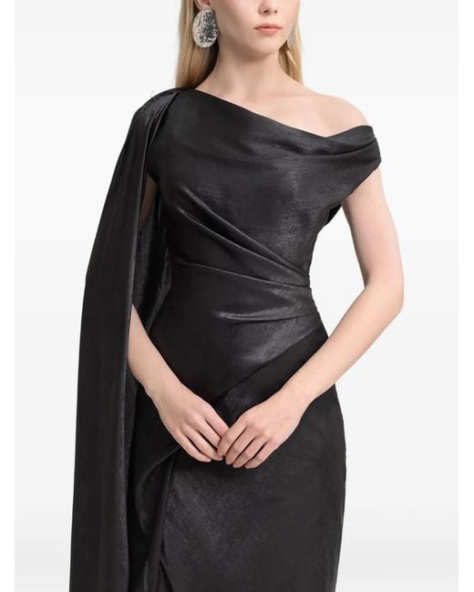 Gemy Maalouf Black Asymmetrical-Sleeve Draped Maxi Dress