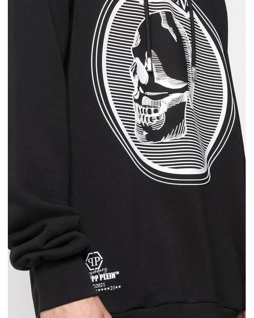 Philipp Plein Black Outline Skull Hooded Longline Sweatshirt for men