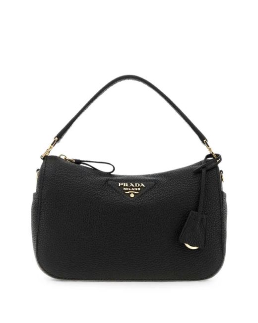 Prada Black Small Logo-Plaque Pebbled-Leather Tote Bag