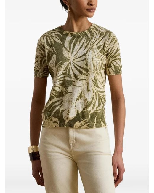 Ralph Lauren White Palm-Frond-Print Short-Sleeve Sweater