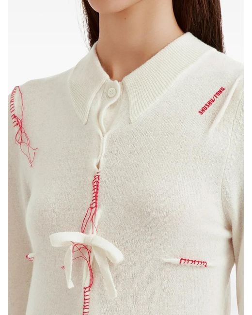 ShuShu/Tong White Bow-Detail Distressed Cardigan