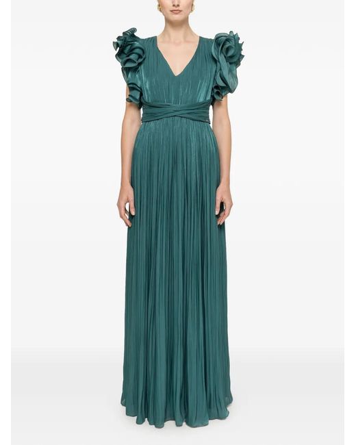 Nissa Green Ruffled Pleated Maxi Dress