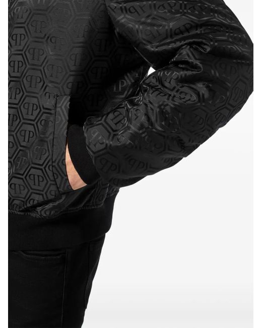 Philipp Plein Black Monogram-Jacquard Bomber Jacket for men