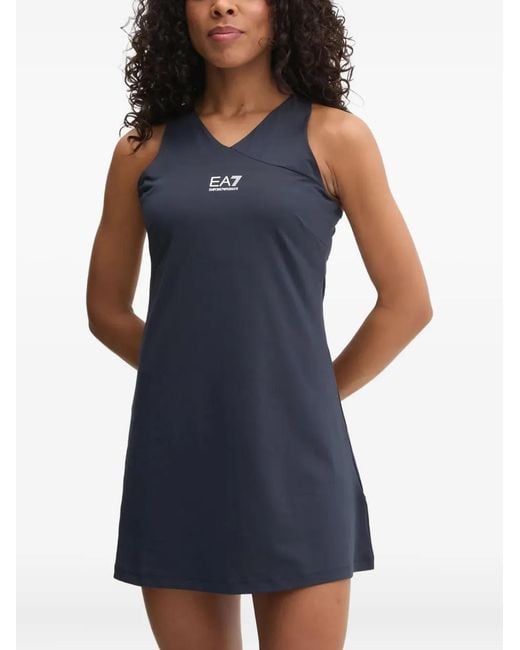 EA7 Blue V-Neck Logo Mini Dress