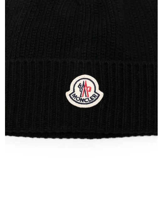 Moncler Black Logo-Patch Ribbed-Knit Beanie Hat for men