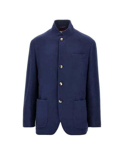 Brunello Cucinelli Blue Mandarin-Collar Jacket for men