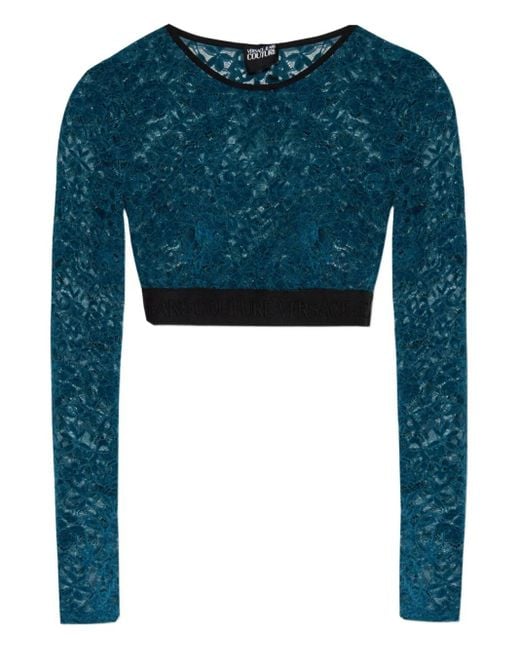 Versace Jeans Couture Blue Floral-Lace Cropped Top