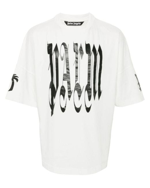 Palm Angels White Gothic Logo-print T-shirt for men