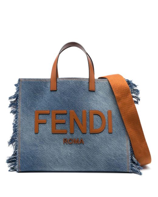 Fendi Blue Fringe-detailing Denim Tote Bag for men