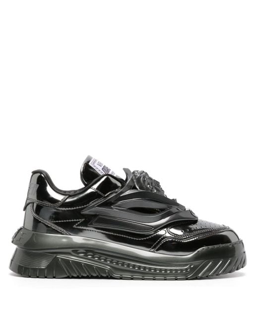 Versace Black Odissea Laminated Leather Sneakers for men