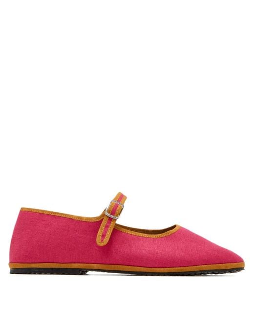 Capulet Red Bambina Buckle-Strap Linen Ballet Flats
