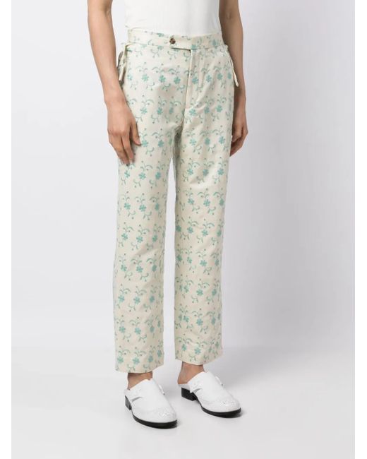 Bode White Floral-Embroidery Straight-Leg Trousers for men