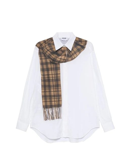 Moschino White Check-Pattern Scarf-Print Shirt