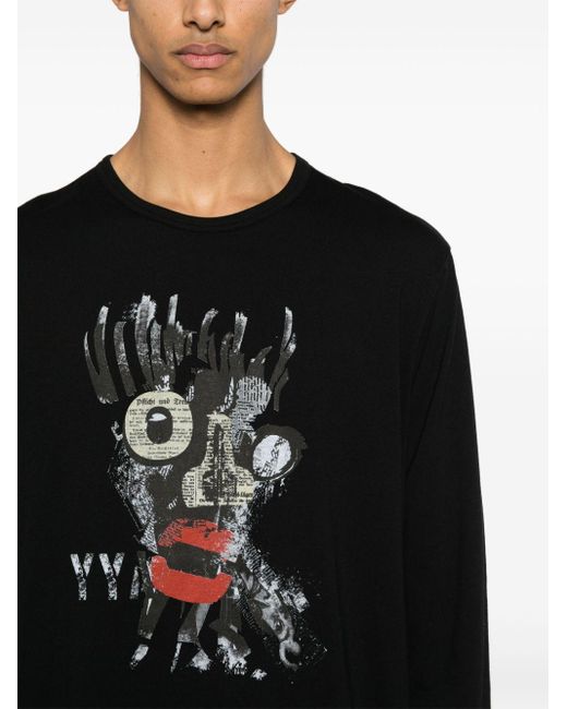 Yohji Yamamoto Black Illustration-style-print Cotton T-shirt for men