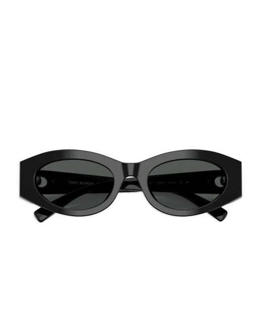 Tory Burch Black Oval-Frame Embellished Sunglasses